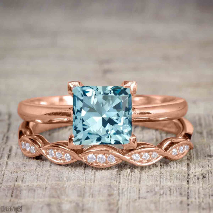 Bestselling 1.50 Carat Princess cut Aquamarine and Diamond Trio Wedding Ring Set in Rose Gold