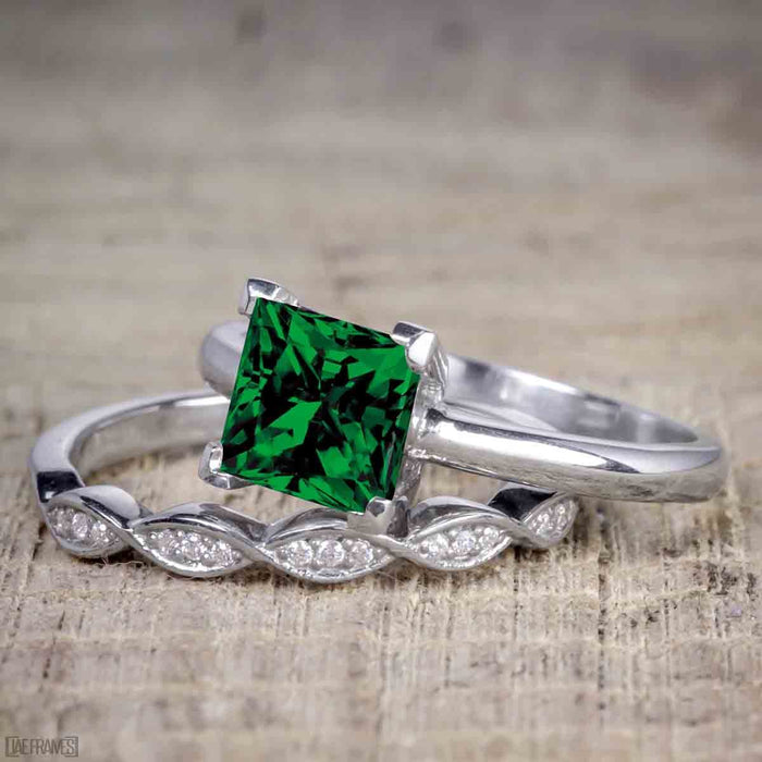 1.25 Carat Princess cut Emerald and Diamond Wedding Ring Set in White Gold