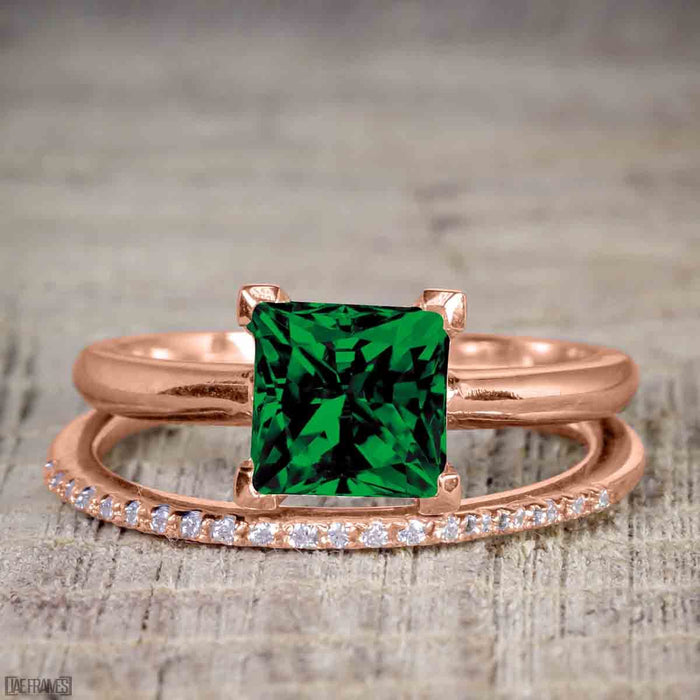 Perfect 1.25 Carat Princess cut Emerald and Diamond Bridal Ring Set in Rose Gold