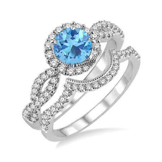 Antique Design 2 Carat Round Cut Aquamarine and Diamond Halo Bridal Ring Set in White Gold