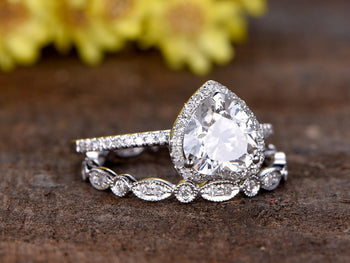 2 Carat Pear Shape Moissanite and Diamond Halo Wedding Ring Set in White Gold
