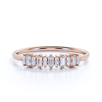 Elegant Diamond Stacking Ring With Emerald and Round Shape Diamonds in Rose Gold