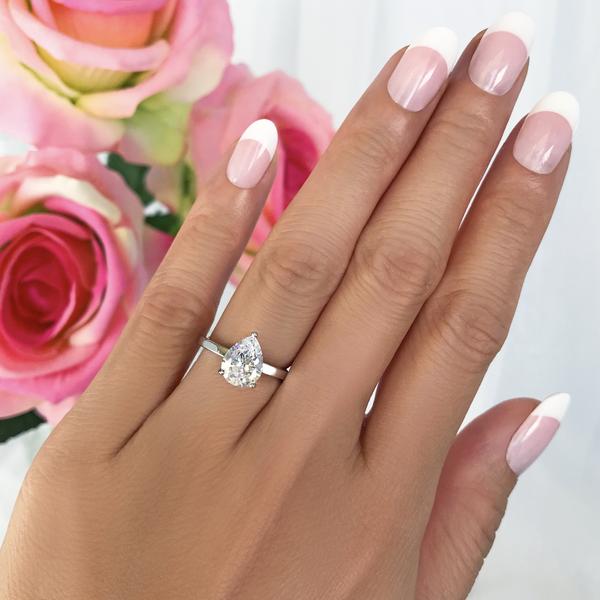 2 Carat Pear Cut Solitaire Engagement Ring in White Gold over Sterling Silver