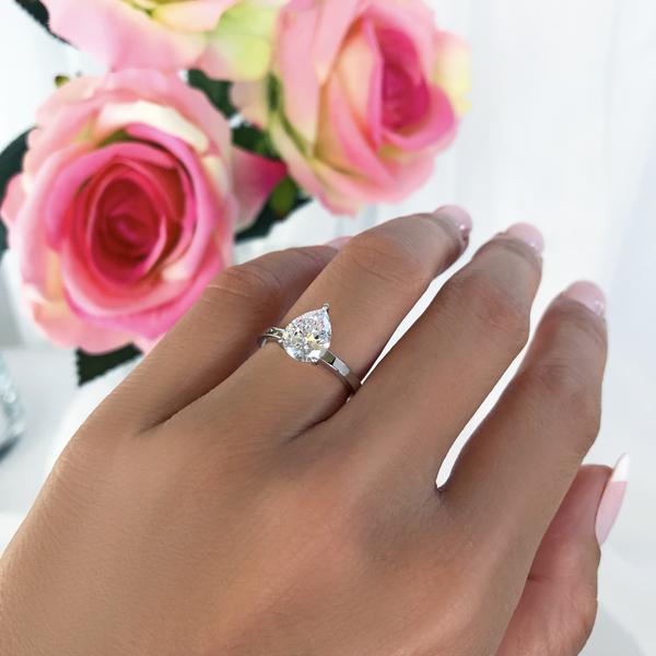 2 Carat Pear Cut Solitaire Engagement Ring in White Gold over Sterling Silver