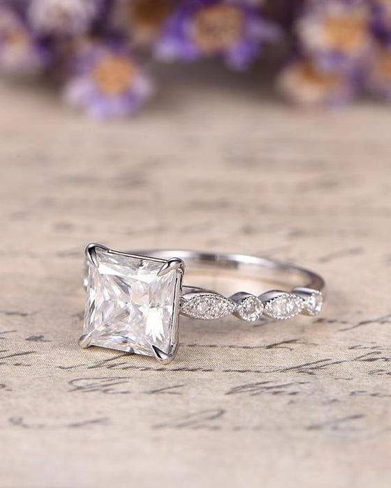 1.25 Carat Princess Cut Moissanite and Diamond solitaire Engagement Ring in 9k White Gold