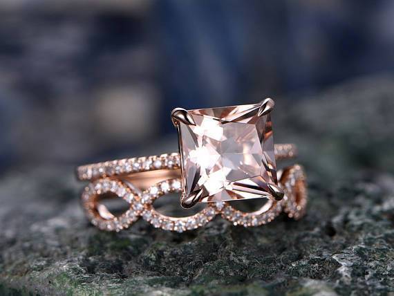 2 Carat Princess Cut Solitaire Morganite and Diamond Wedding Ring Set in Rose Gold