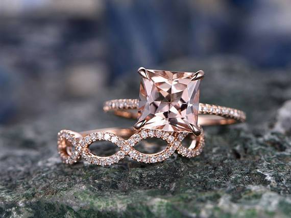 2 Carat Princess Cut Solitaire Morganite and Diamond Wedding Ring Set in Rose Gold