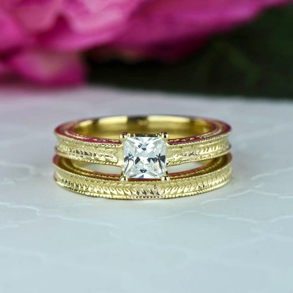 1 Carat  Princess Cut Engraved Wedding Ring Set in Yellow Gold over Sterling Silver