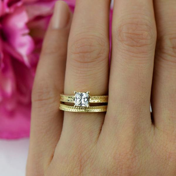 1 Carat  Princess Cut Engraved Wedding Ring Set in Yellow Gold over Sterling Silver