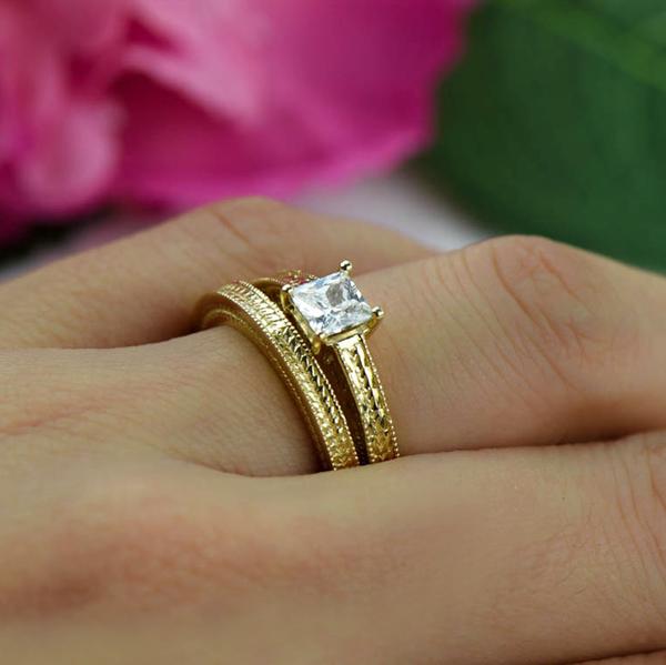 1 Carat  Princess Cut Engraved Wedding Ring Set in Yellow Gold over Sterling Silver