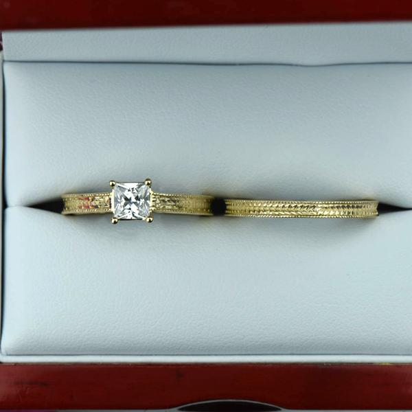 1 Carat  Princess Cut Engraved Wedding Ring Set in Yellow Gold over Sterling Silver