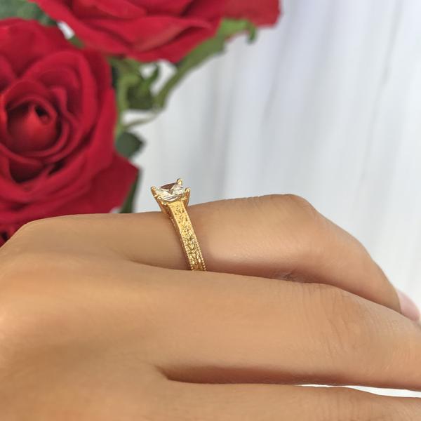 1 Carat Princess Cut Engraved Engagement Ring in Yellow Gold over Sterling Silver