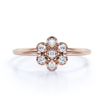 Flower Shaped Dainty Stackable Ring with Round Cut Diamonds in Rose Gold