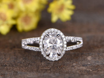 1.50 Carat Oval Cut Moissanite and Diamond Halo Engagement Ring in 9k White Gold