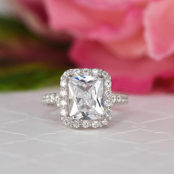 Final Sale: Radiant 4 Carat Emerald Cut Halo Filigree Engagement Ring in White Gold over Sterling Silver