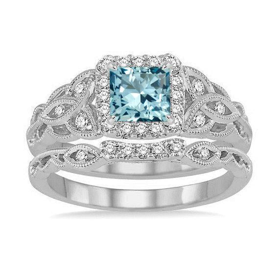 Antique Design 1.50 Carat Princess Cut Aquamarine and Diamond Halo Bridal Ring Set in White Gold