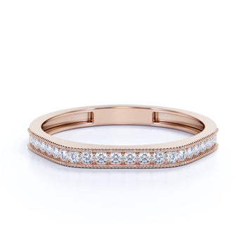 Semi Eternity Milgrain Stacking Wedding Ring with Round Cut Diamonds in Rose Gold