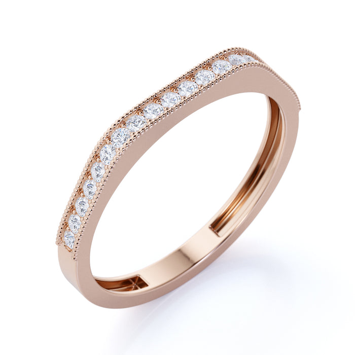 Semi Eternity Milgrain Stacking Wedding Ring with Round Cut Diamonds in Rose Gold
