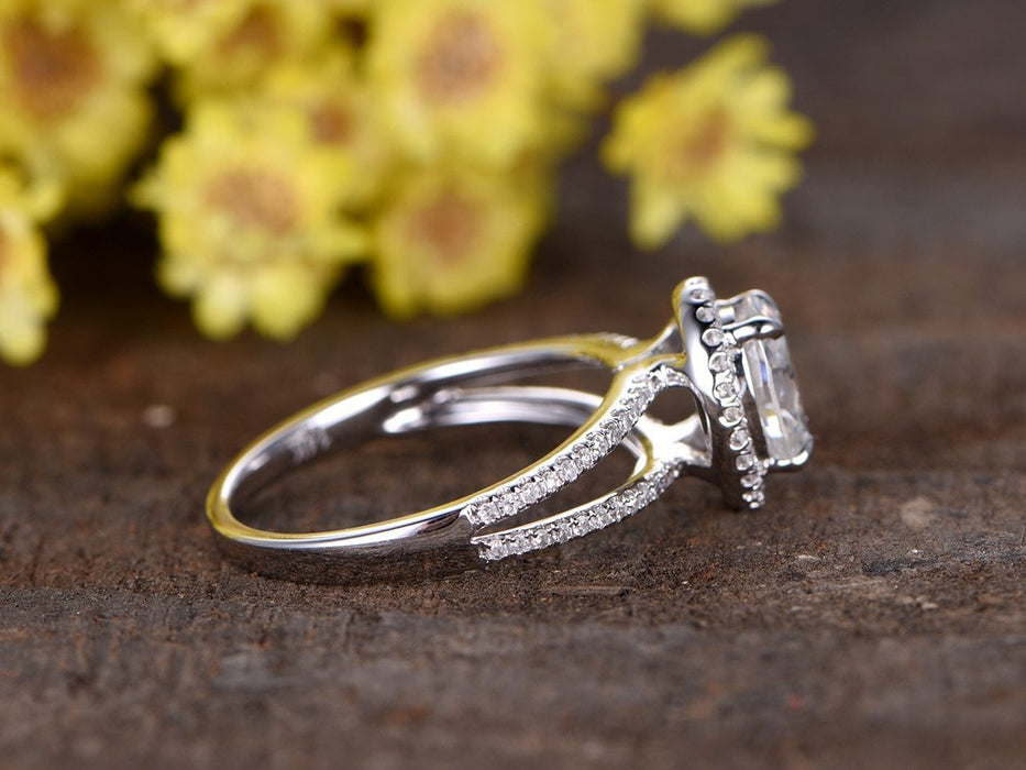 1.50 Carat Oval Cut Moissanite and Diamond Halo Engagement Ring in 9k White Gold