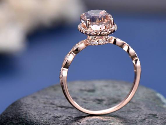 Huge 3 Carat Art Deco Oval Cut Morganite and Diamond Wedding Ring in Rose Gold