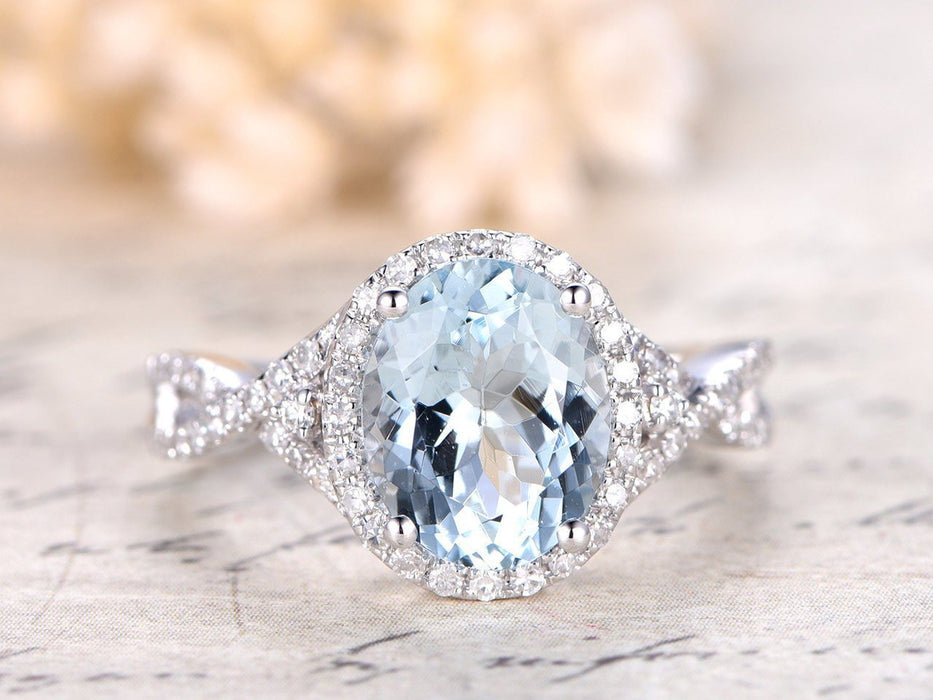 1.5 Carat Infinity Oval Cut Aquamarine and Diamond Engagement Ring in White Gold