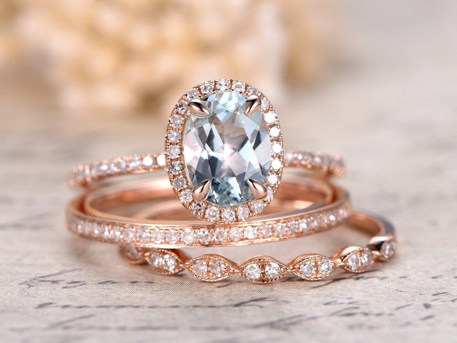 2 Carat Oval Cut Aquamarine and Diamond Halo Trio Wedding Ring Set in Rose Gold