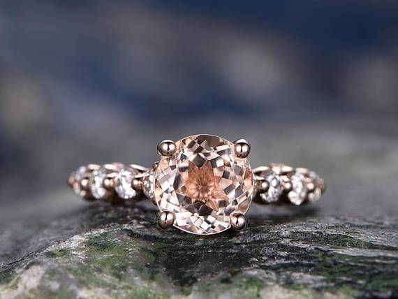 1.50 Carat 9 Stone Round Cut Morganite and Diamond Engagement Ring in Rose Gold