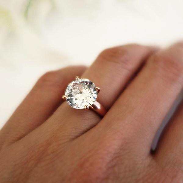 Final Sale: Huge 4 Carat Round Cut Wide Solitaire Engagement Ring in Rose Gold over Sterling Silver