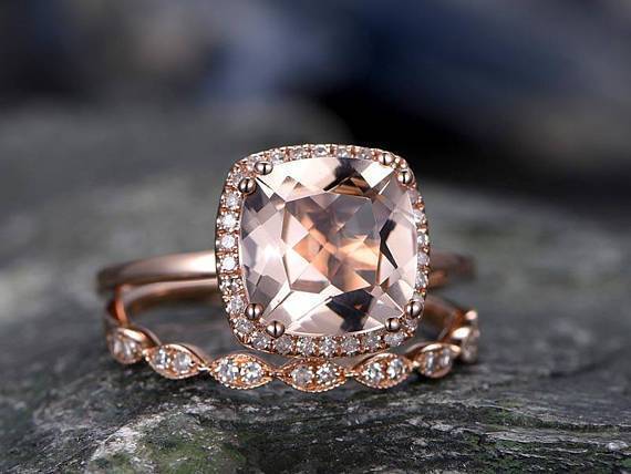 Huge 3 Carat Cushion Cut Morganite and Diamond Art Deco Wedding Ring Set in Rose Gold