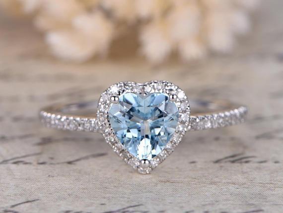 Perfect 1.5 Carat Heart Shaped Aquamarine and Diamond Halo Engagement Ring in White Gold