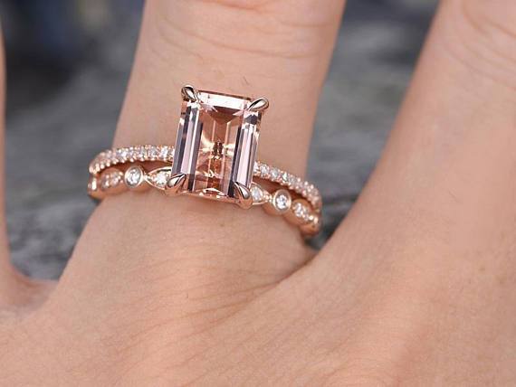 2 Carat Emerald Cut Morganite and Diamond Art Deco Bridal Ring Set in Rose Gold