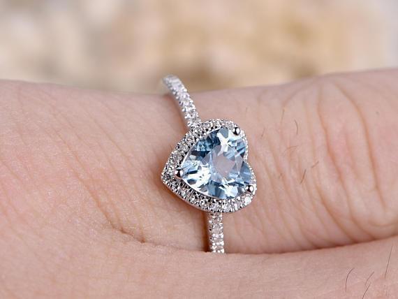 Perfect 1.5 Carat Heart Shaped Aquamarine and Diamond Halo Engagement Ring in White Gold