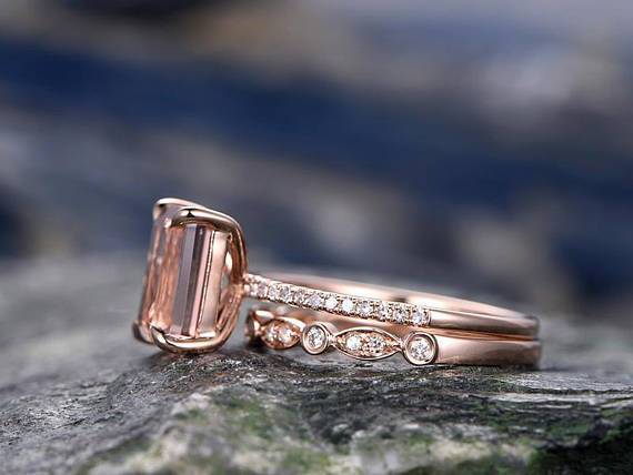 2 Carat Emerald Cut Morganite and Diamond Art Deco Bridal Ring Set in Rose Gold