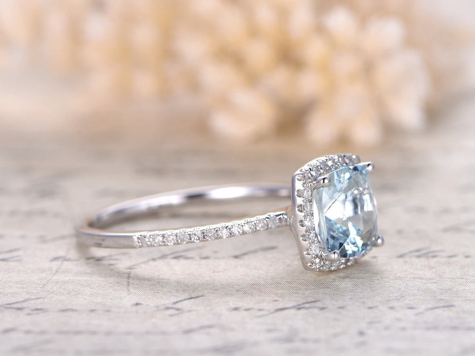 1.25 Carat Princess Cut Aquamarine and Diamond Halo Engagement Ring White Gold