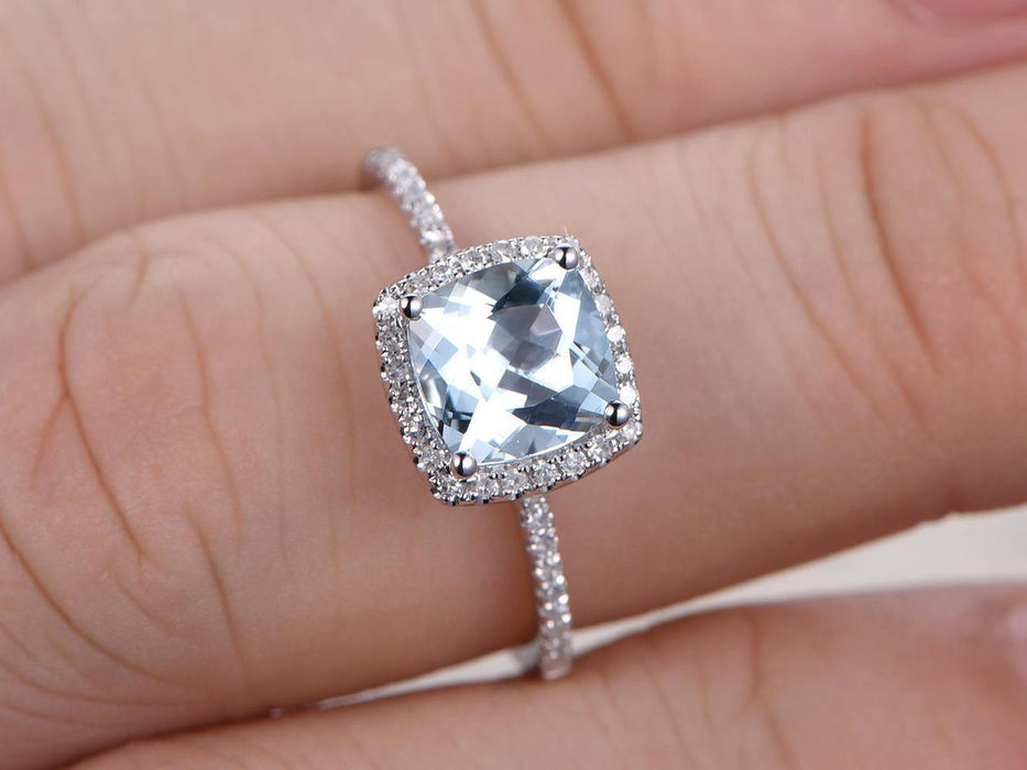 1.25 Carat Princess Cut Aquamarine and Diamond Halo Engagement Ring White Gold