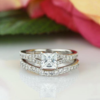 1.5 Carat Princess Cut Split Shank Wedding Ring Set in White Gold over Sterling Silver