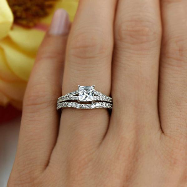 1.5 Carat Princess Cut Split Shank Wedding Ring Set in White Gold over Sterling Silver