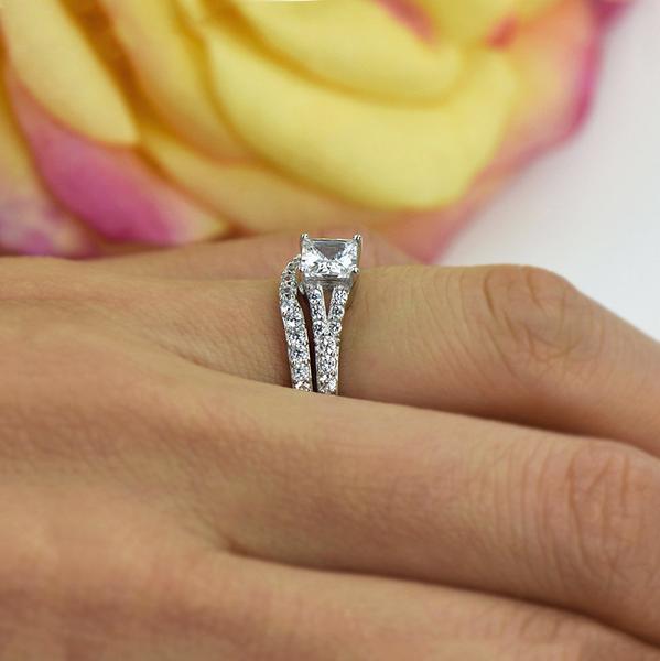 1.5 Carat Princess Cut Split Shank Wedding Ring Set in White Gold over Sterling Silver