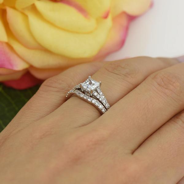 1.5 Carat Princess Cut Split Shank Wedding Ring Set in White Gold over Sterling Silver