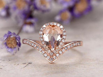 Pear Cut Unique Morganite and Diamond Engagement Ring in Rose Gold