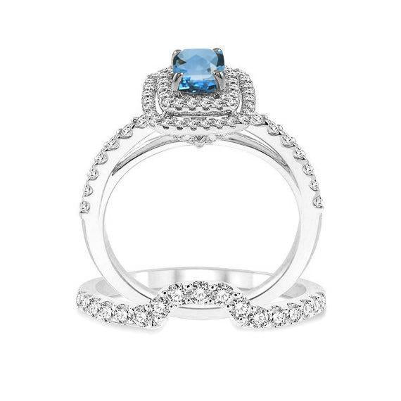 2 Carat Cushion Cut Aquamarine and Diamond double Halo Wedding Ring Set for Her in White Gold