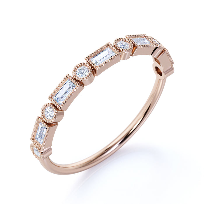 Milgrain Set Diamond Stacking Wedding Ring in Rose Gold