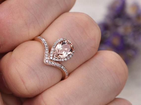 Pear Cut Unique Morganite and Diamond Engagement Ring in Rose Gold