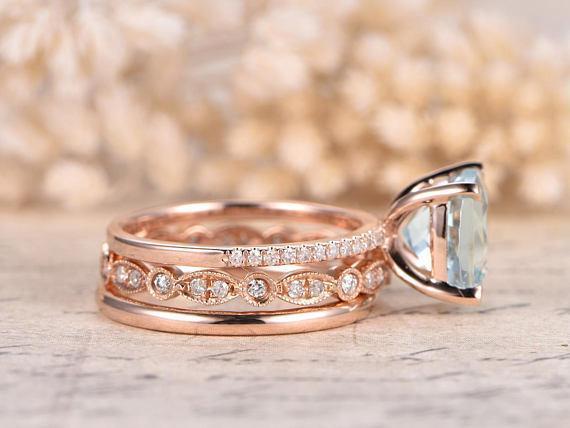 2 Carat Cushion Cut Aquamarine and Diamond Halo Trio Wedding Ring Set in Rose Gold