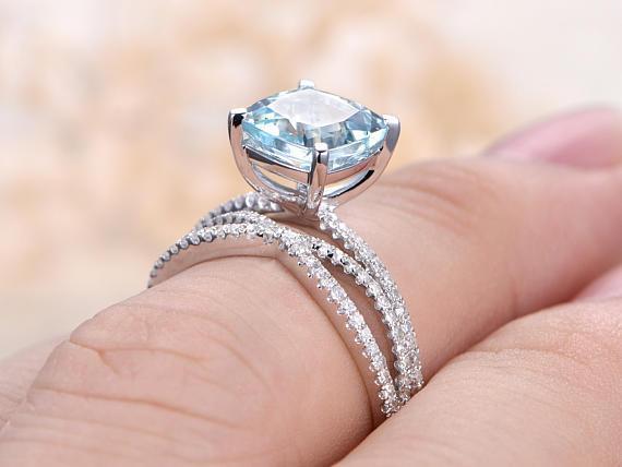 Infinity Design 2 Carat Princess Cut Aquamarine and Diamond Wedding Set in White Gold