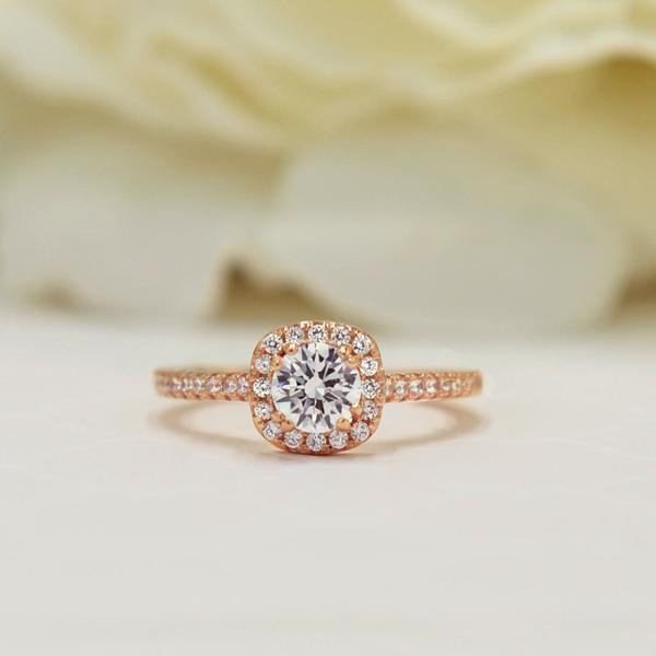 1 Carat Round Cut Classic Square Halo Engagement Ring in Rose Gold ove ...