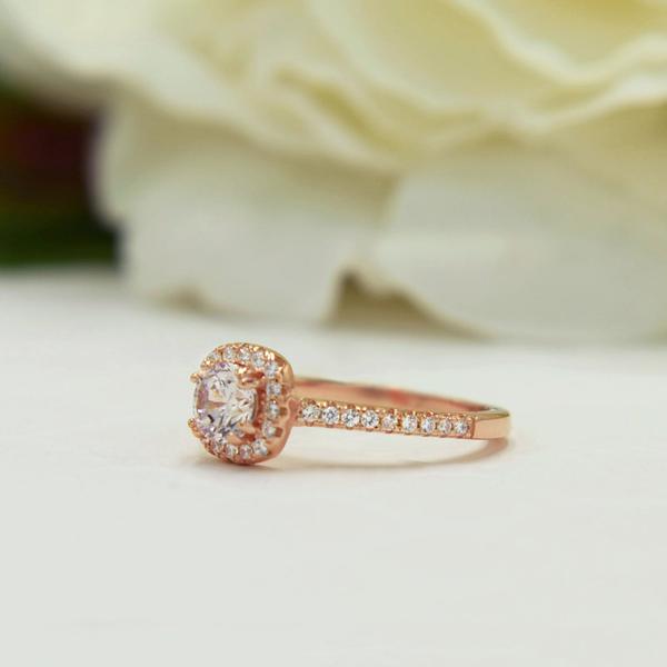 1 Carat Round Cut Classic Square Halo Engagement Ring in Rose Gold over Sterlinf Silver