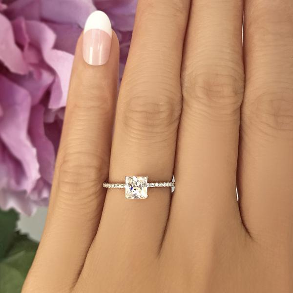 1.25 Carat Princess Cut Accented Engagement Ring in White Gold over Sterling Silver