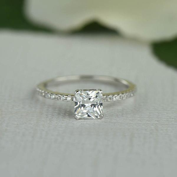 1.25 Carat Princess Cut Accented Engagement Ring in White Gold over Sterling Silver