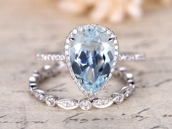 2.50 Carat Huge Pear Cut Aquamarine and Diamond Halo Engagement Ring Set in White Gold